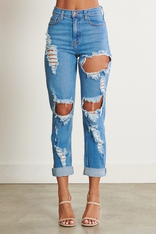 High-Waisted Distressed Boyfriend Jeans