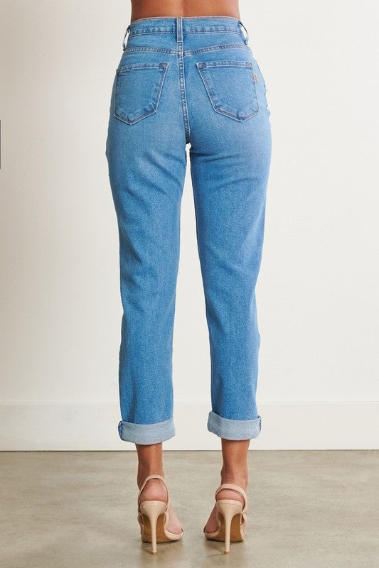 High-Waisted Distressed Boyfriend Jeans