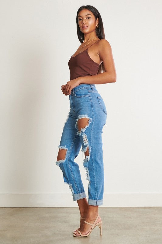 High-Waisted Distressed Boyfriend Jeans