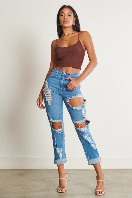 High-Waisted Distressed Boyfriend Jeans
