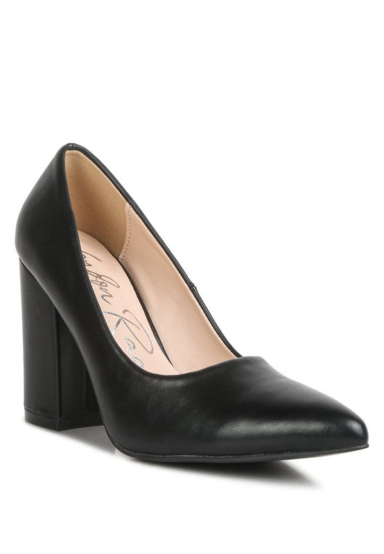 ZHURI Faux Leather Solid Block Heel Pumps