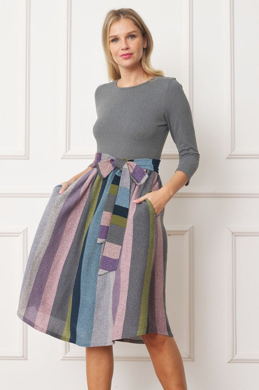 Plus Quarter Sleeve Stripe Sash Midi Dress