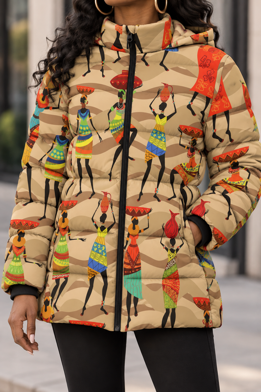 African Hustle Culture Women's Hooded Puffer Coat