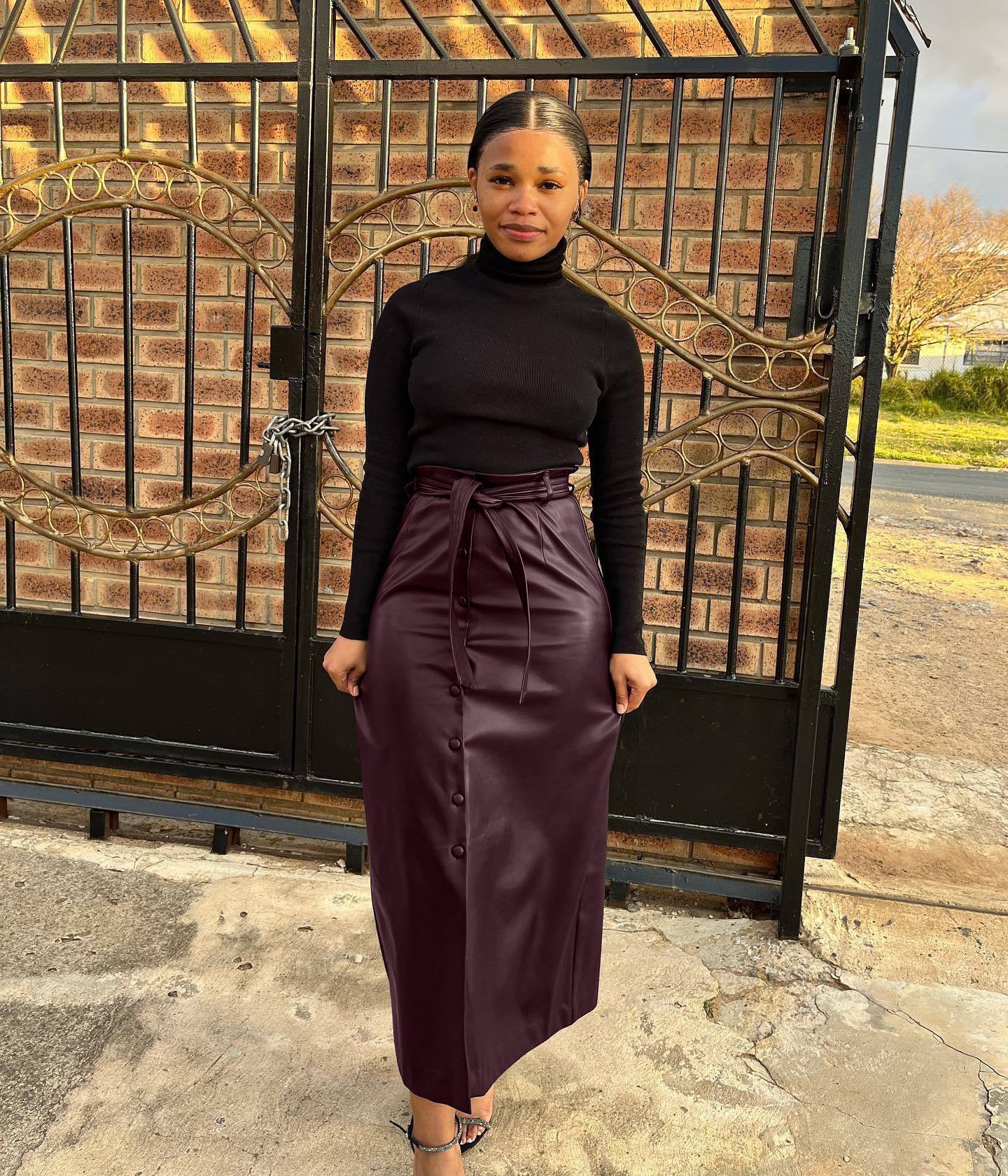 Faux Leather Button Front Skirt