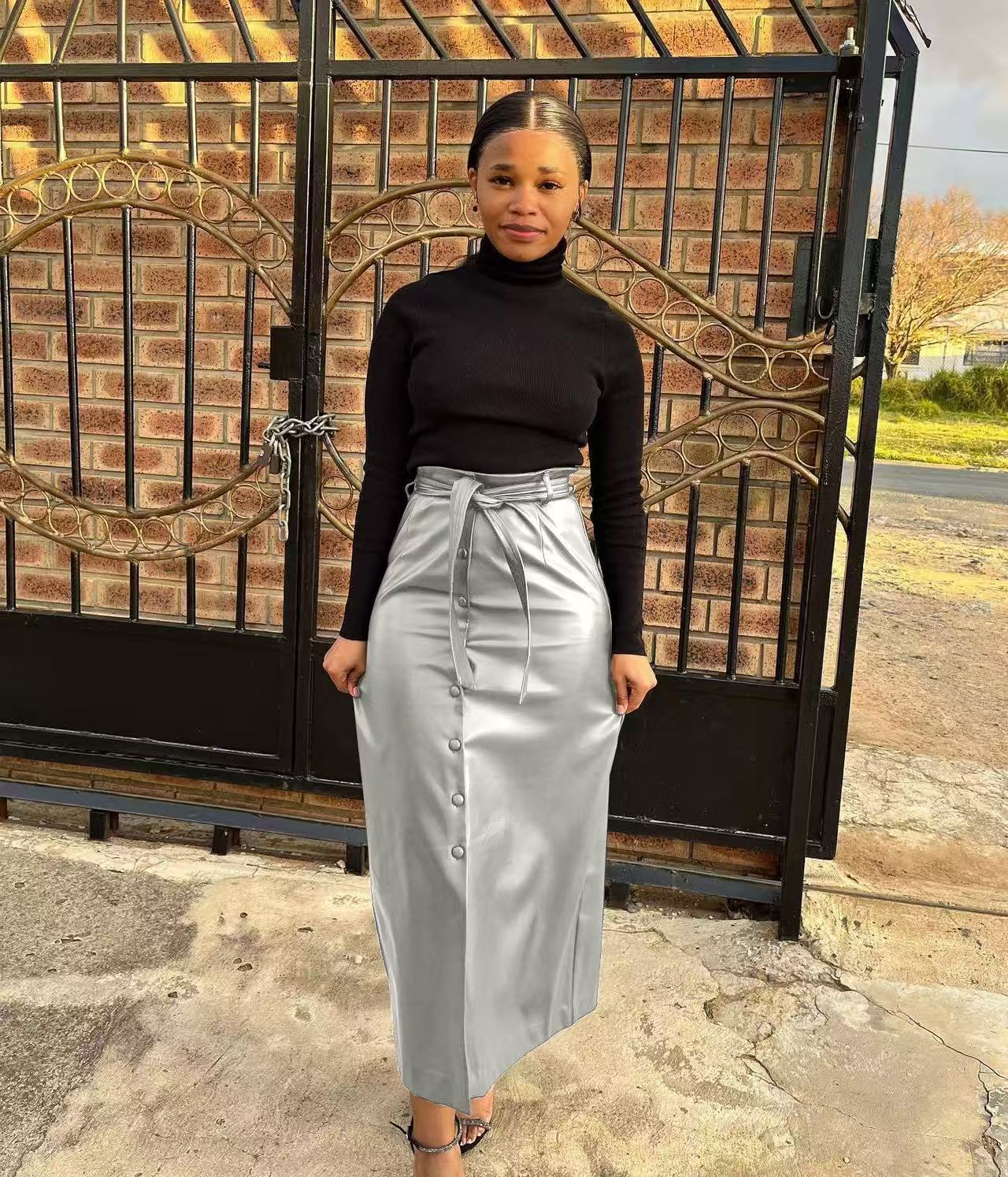 Faux Leather Button Front Skirt