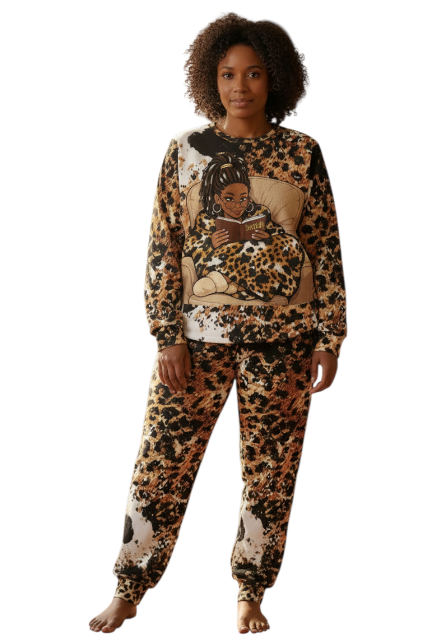 Booked Diva Cow Leopard Print 2pc Loungewear