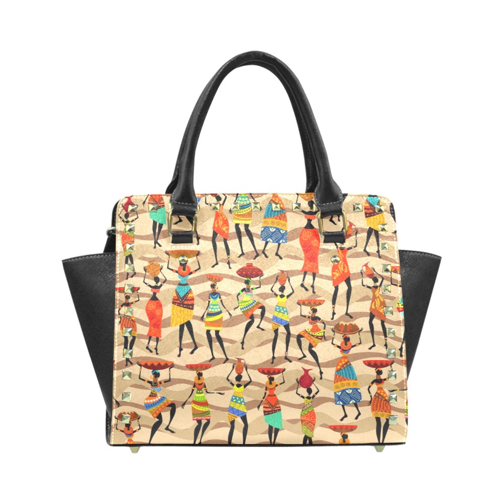 African Hustle Culture Print Studded Handbag